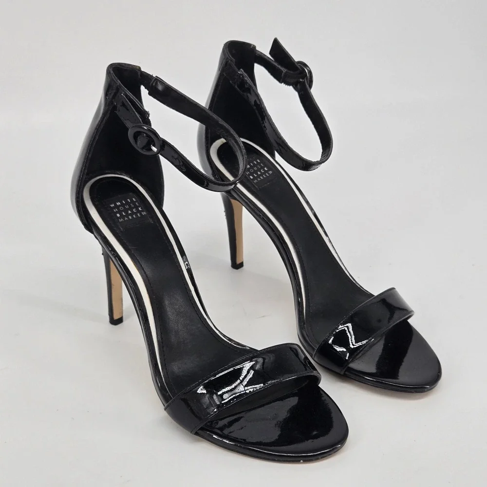 White House Black Market Fiona Black Patent‎ Ankle Strap Heeled Sandals 8M